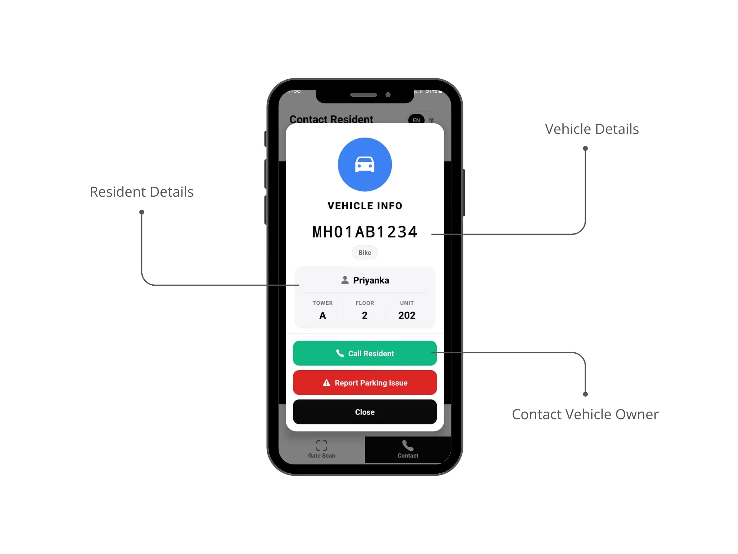 Screenshot: Contact Vehicle Owner Screen